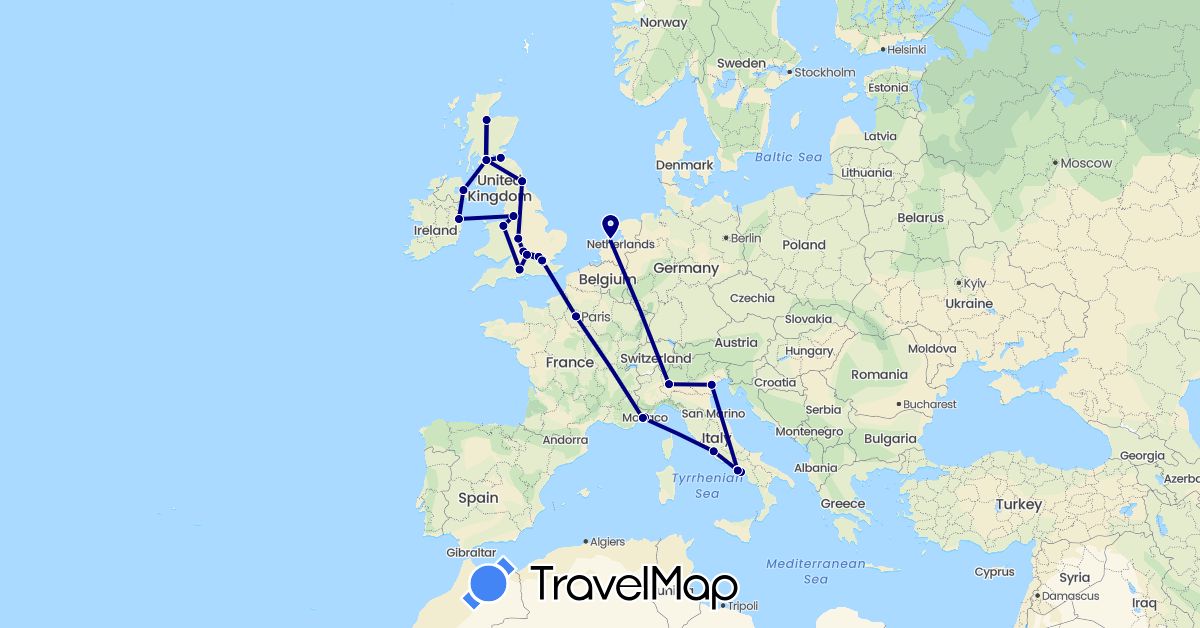 TravelMap itinerary: driving in France, United Kingdom, Ireland, Italy, Monaco, Netherlands (Europe)